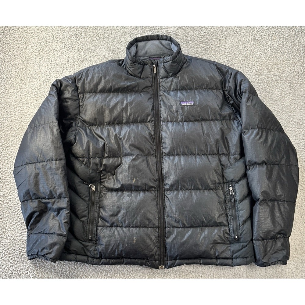Patagonia Goose Down Sweater Jacket‎ Mens XL Puffer Black Zip Up *Repairs